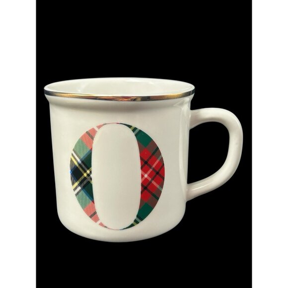 Pottery Barn Stewart Plaid "O" Monogram Holiday Coffee Mug Retired 2017 - Picture 1 of 7